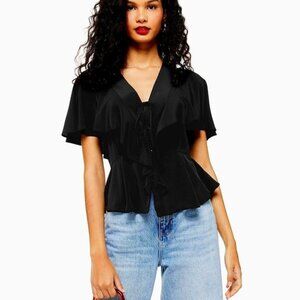 Topshop Black Front Tie Ruffled Top Size 6
